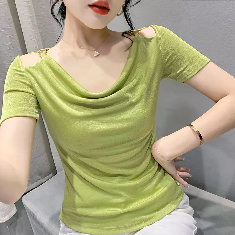 Elegant Off Shoulder Slim T Shirts Summer New Short Sleeve Hollow Out Solid Color Pleated Tops Tees Fashion Trend Women Clothing