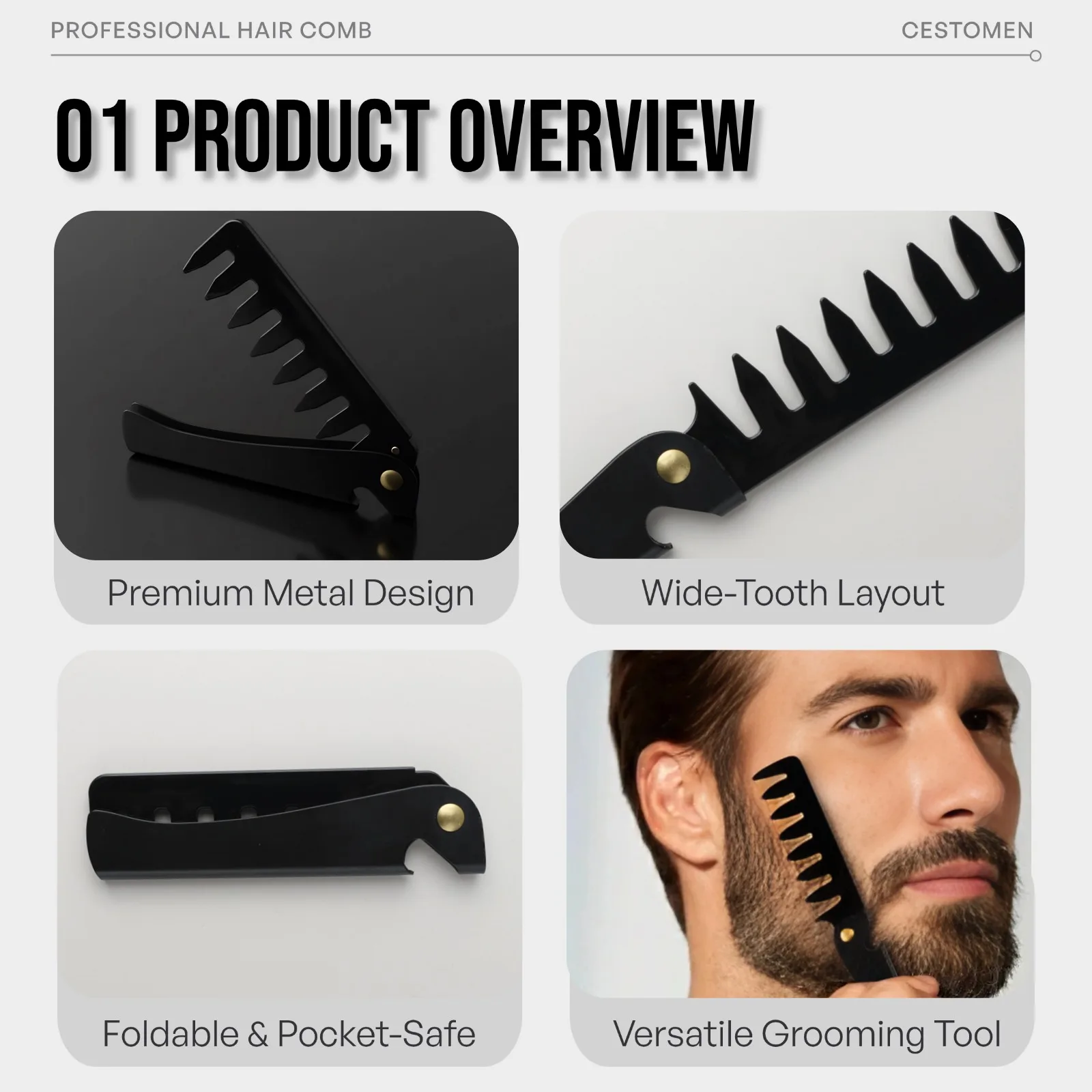 New 1/2Pc Black Portable Folding Steel Hair Combs For Men Wide Tooth Retro Oil Head Comb Pocket Beard Combs Barber Styling Tools