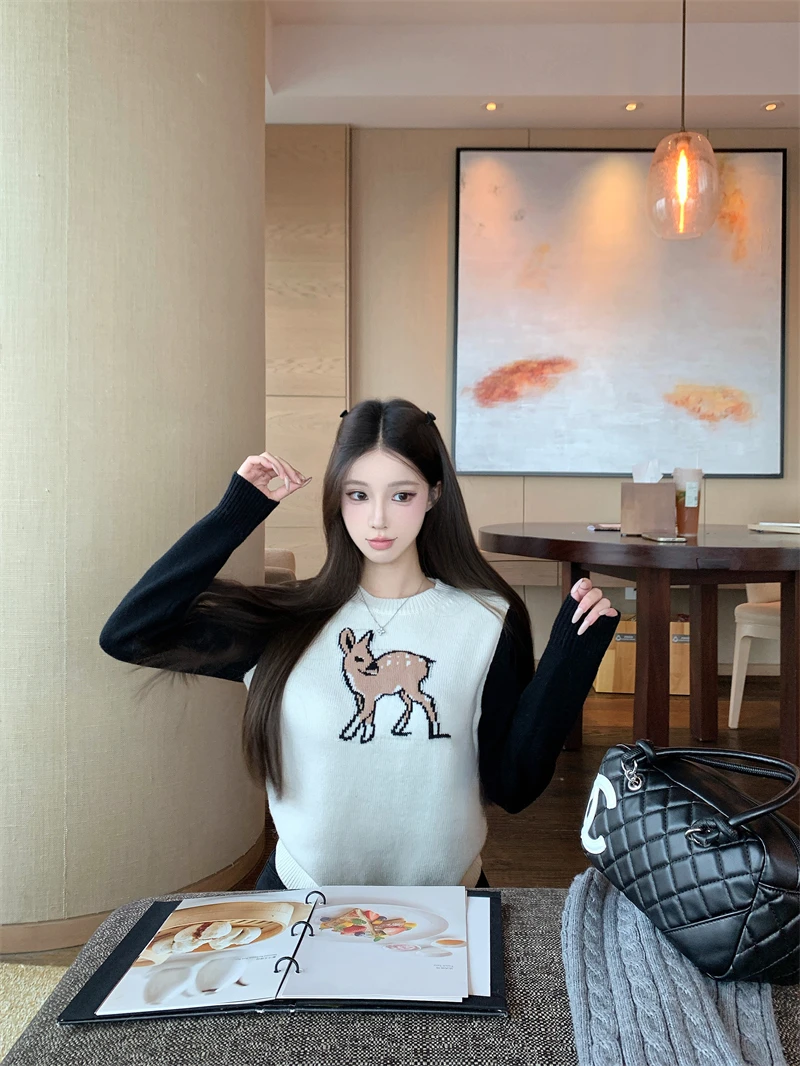 

Korean Sle round Ne Long Sve Knitted irt Loose Fit oulder Insertion Embroidery Deer Print Early Spring Women's Top