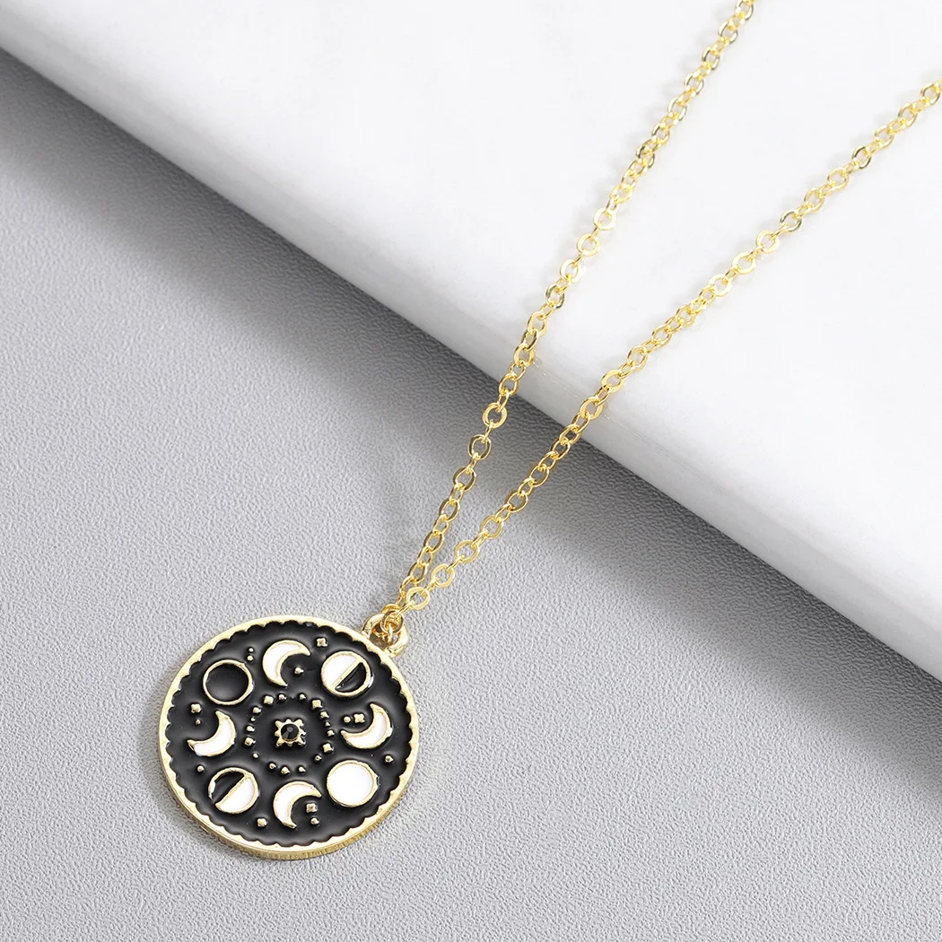 Fashion Lunar Cycle Moon Phase Stainless Steel Chain Black Enamel Pendant Necklace Round Galaxy Necklace For Women Men Jewelry