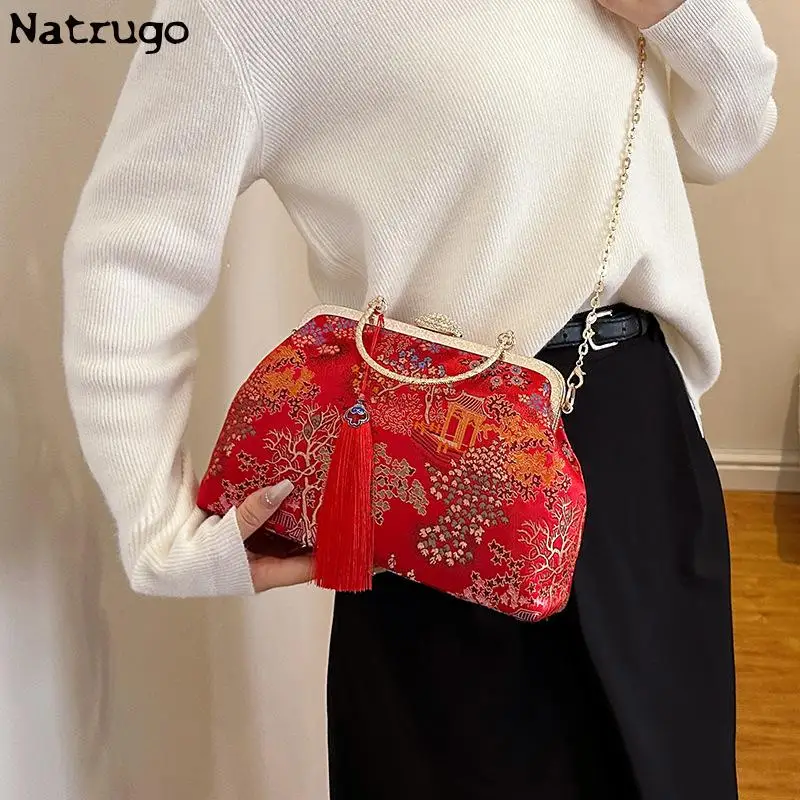 Chinese Style Embroidery Bags For Women Purse And Handbag Flowers Dinner Clutch Hand Bag Ladies Chain Crossbody Shoulder Bag