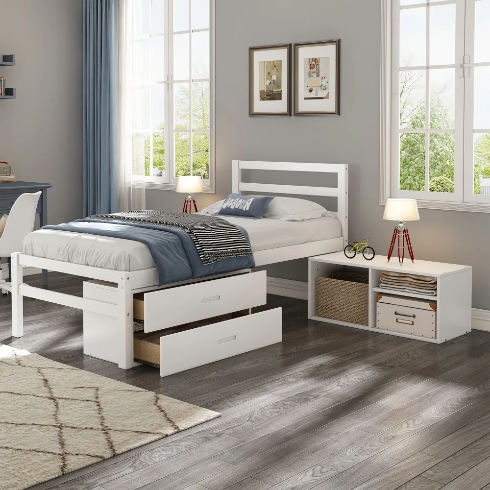 

Twin Size Wood Platform Bed with Removable Storage Shelves, Built-in Two Storage Drawers for Added Convenience
