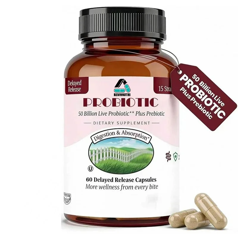 Probiotics Combined with Prebiotics, 15 Strains Promote Digestion, Containing 50 Billion CFU, Vegan, Delayed Release,60 Capsules