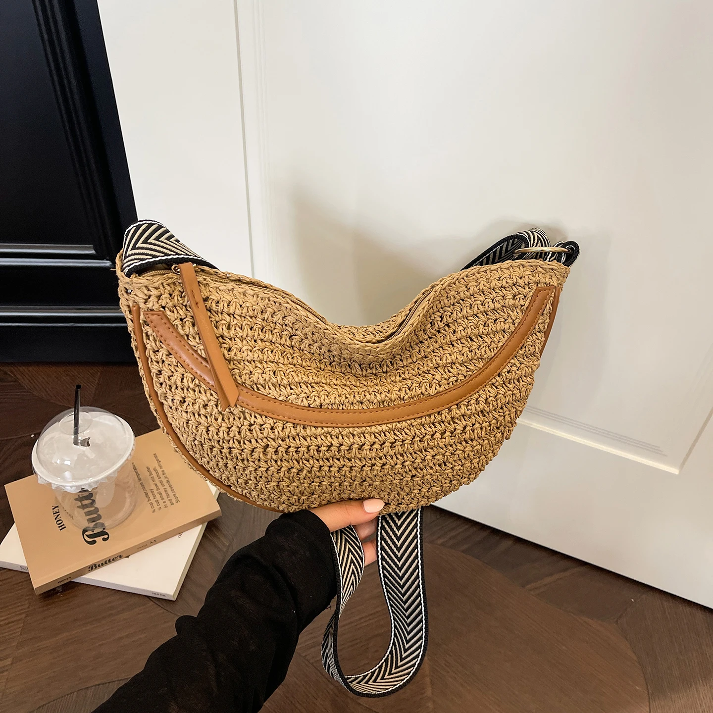

Hobo Crossbody Bag For Women 2026 New Summer Straw Bag Fashion Half Moon Handbag Travel Bag Female Wide Shoulder Strap Handbag