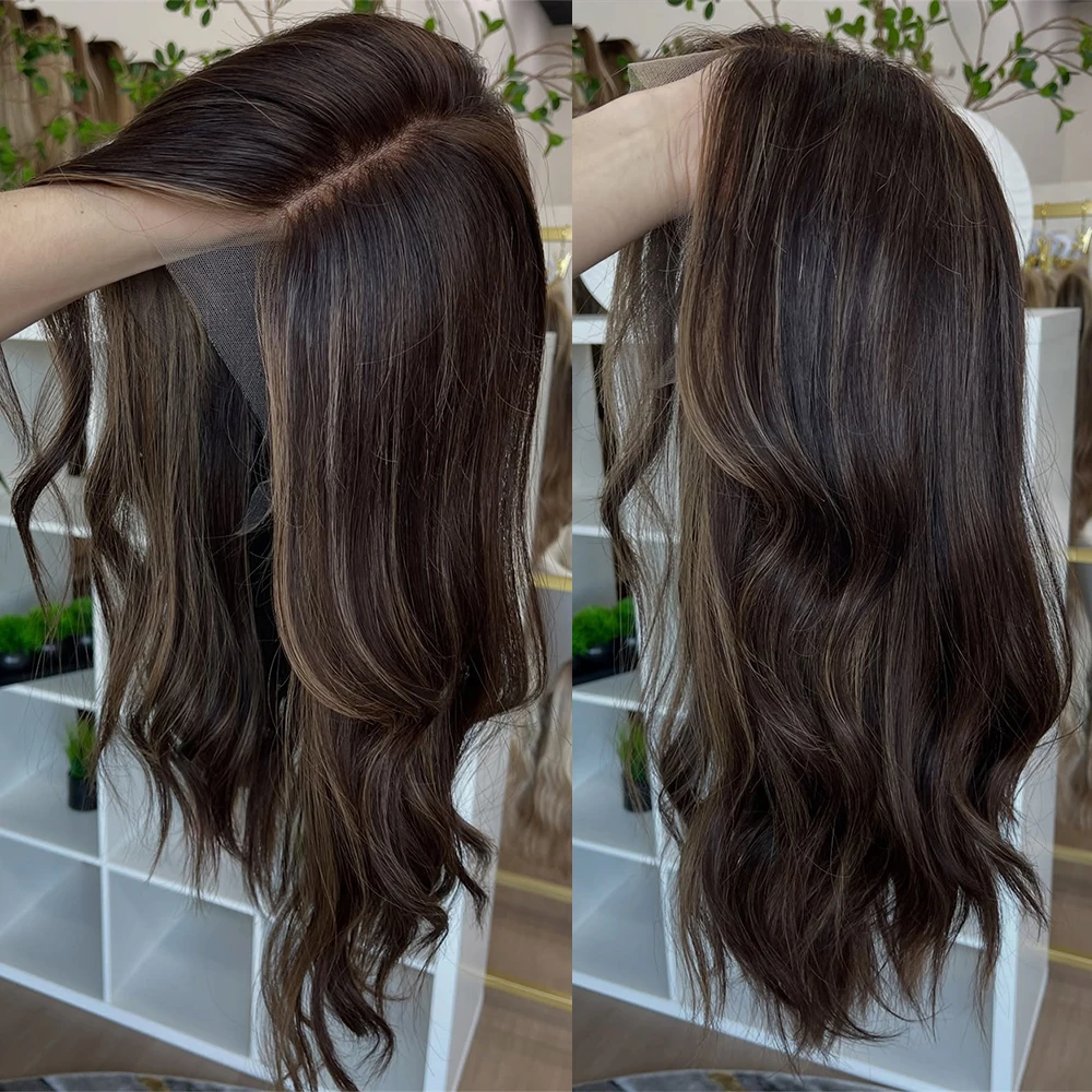 

Long Body Wave Synthetic Wigs Bruentte Brown Highlights HD Transparent Lace Front Wigs Premium Fiber Glueless wig for Woman