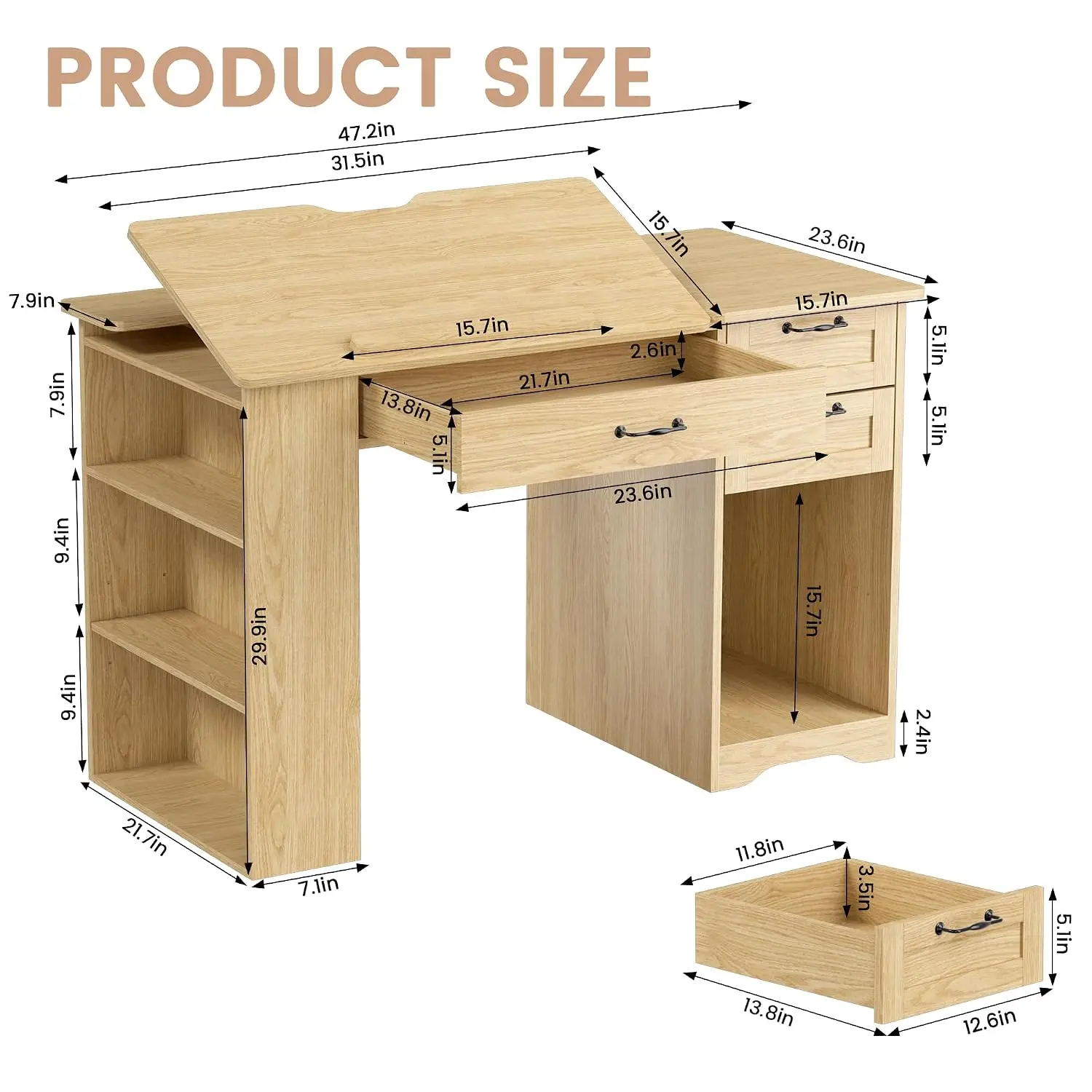 Drafting Table with Storage Cabinet & Drawers, Adjustable Drawing Desk with Open Shelves, Craft Table Painting Desk, Customized - view 2