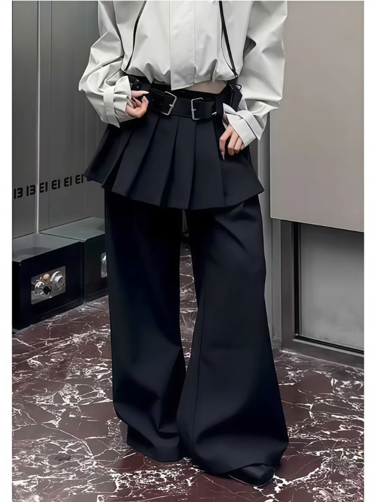 

Черная плиссированная юбка с занавеской, искусственные брюки из двух предметов, женские осенне-зимние дизайнерские многослойные широкие брюки в стиле ретро