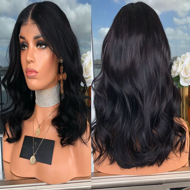 Perruque Lace Front Wig Body Wave synthétique courte noire de jais pour femme, perruques en fibre, perruque à raie centrale, haute qualité, degré de chaleur