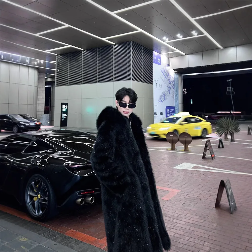 

2024 New Glitter Flash Winter Warm Hooded Faux Fur Coat Fox Fur Winter Men's Long Parka Trend