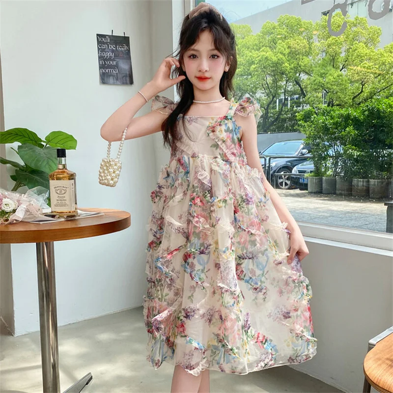 Girls summer dress 2024 new CuHK children Korean version 6-12 years old 15 year old little girl foreign style floral dress tide