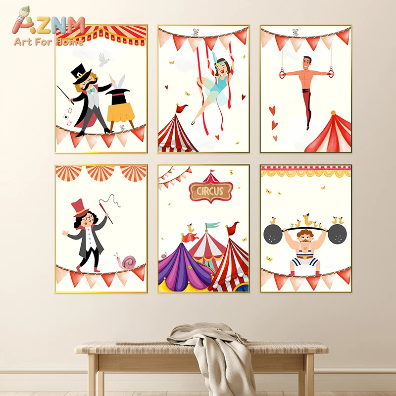 AZNM Retro Circus Cartoon Canvas Wall Art, Magician Acrobat Strongman Tent Illustration Kids Nursery Playroom Home Wall Decor Un