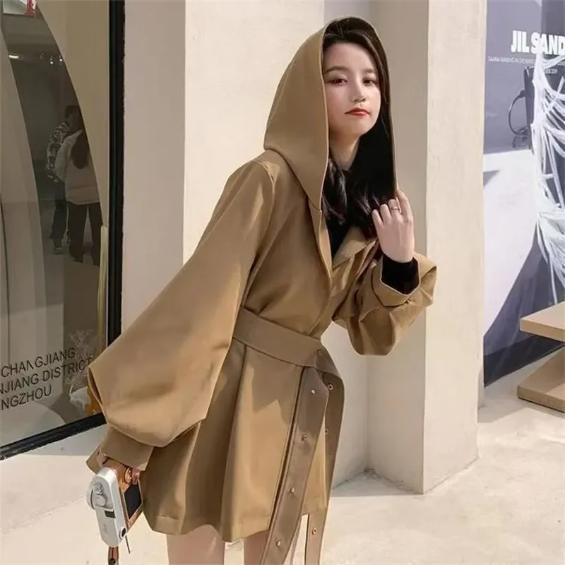 

Fashion Korean Hooded Trench Coat for Women Loose Lace Up Solid Retro Lantern Sleeve Windbreaker Casual Cloak Jacket Top Lady