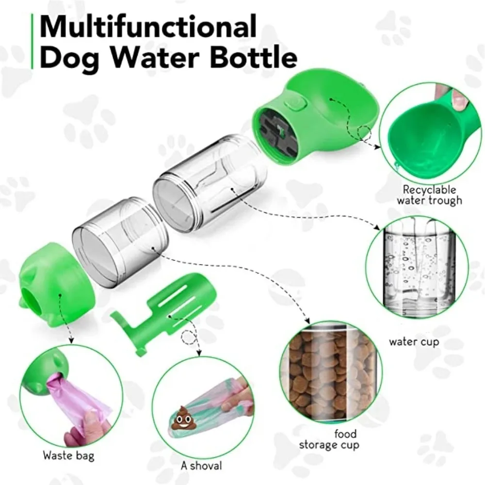 Portable Pet Water Bottle, Dog Bowl Dispenser, Travel Water Cup with Food Container for Cats Walking and Travel, 4 in 1