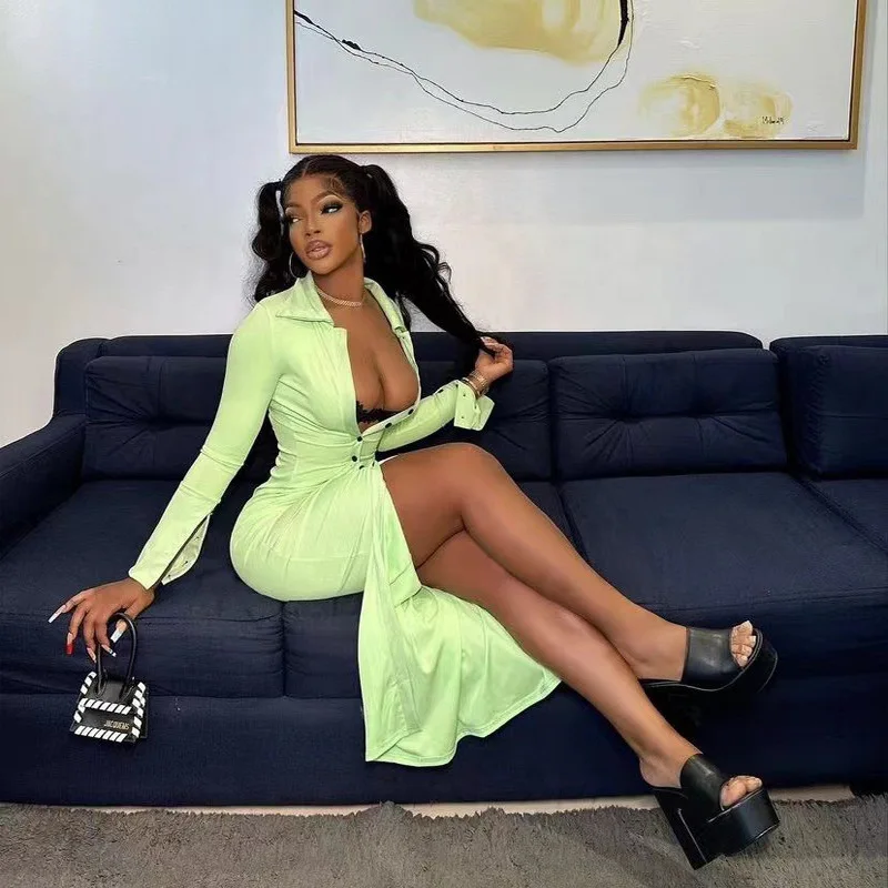 

Европейско-американское сексуальное элегантное платье с длинными рукавами, на пуговицах и с разрезом.