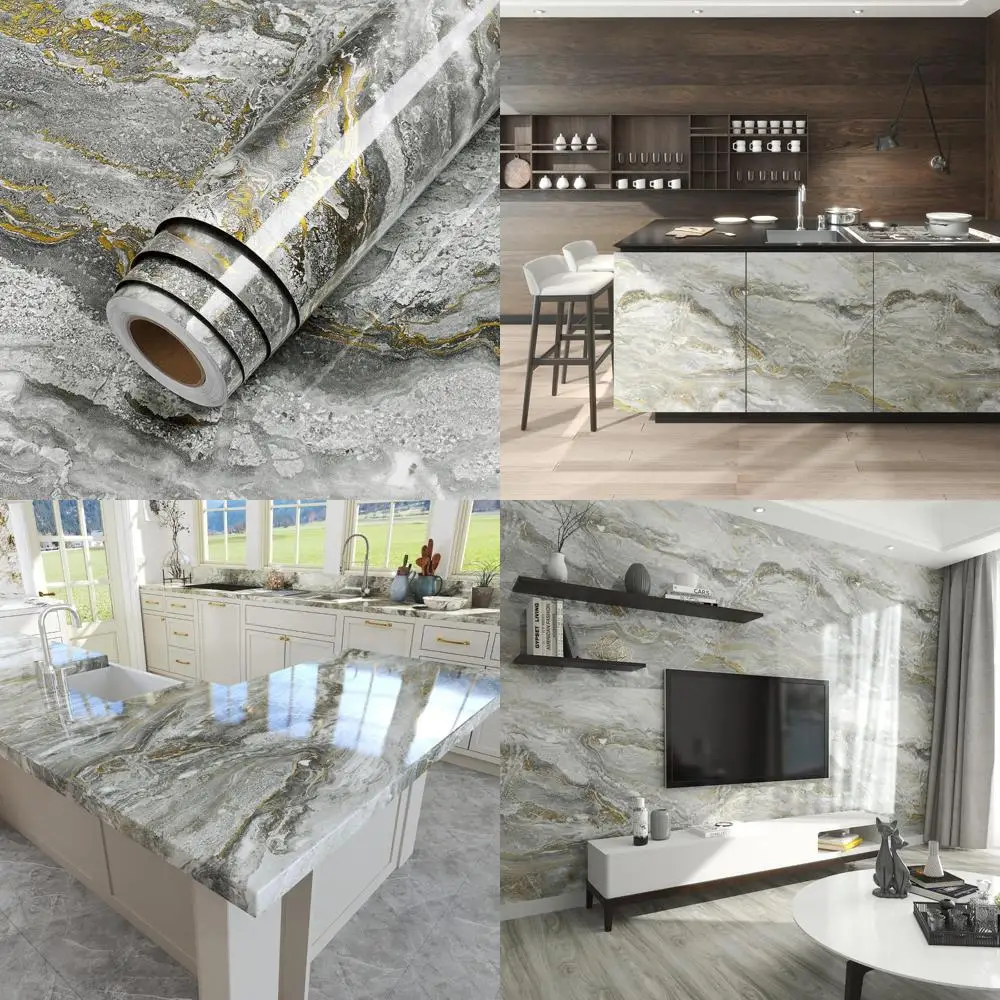 ورق اتصال مقاوم للماء قابل للتقشير واللصق بنمط رخامي باللون الرمادي والذهبي لأسطح المطبخ والحمام، مقاس 160 × 36 بوصة #1