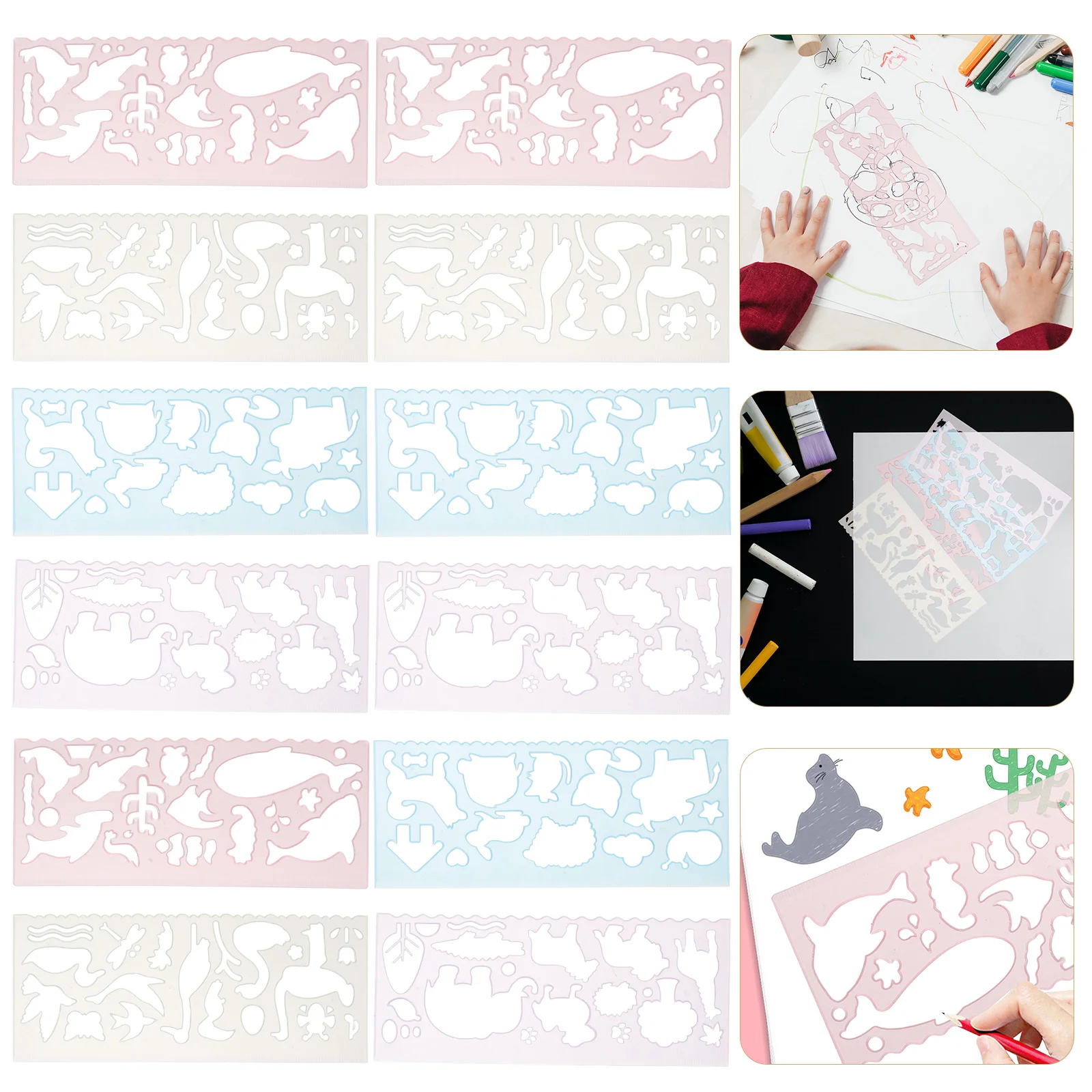 

12 Pcs Animal Drawing Ruler Craft Stencil Template Painting Animals Mold Kids Pp Stencils Child Supplies