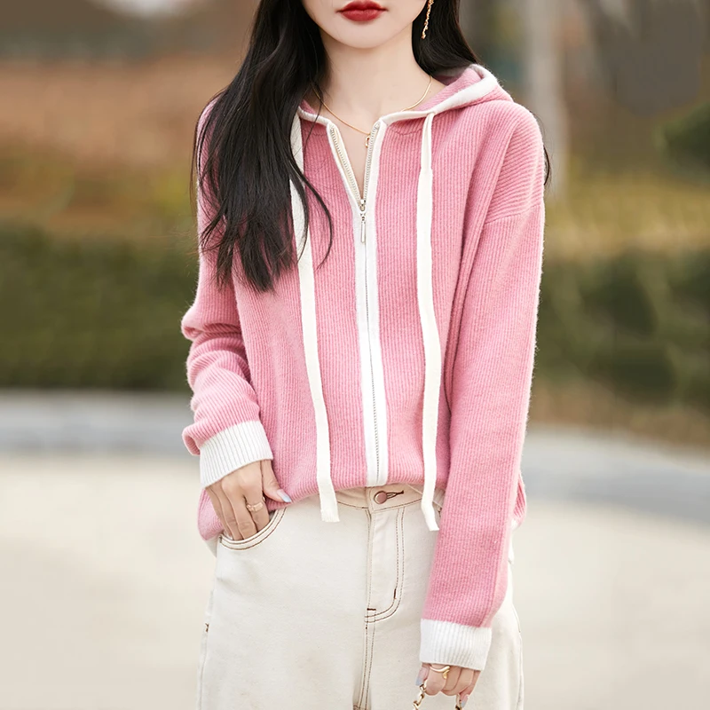 

S-XXL 100% pure wool knitted cardigan women's hooded sweater fashionable high-end color blocked women's full sleeved new sweater