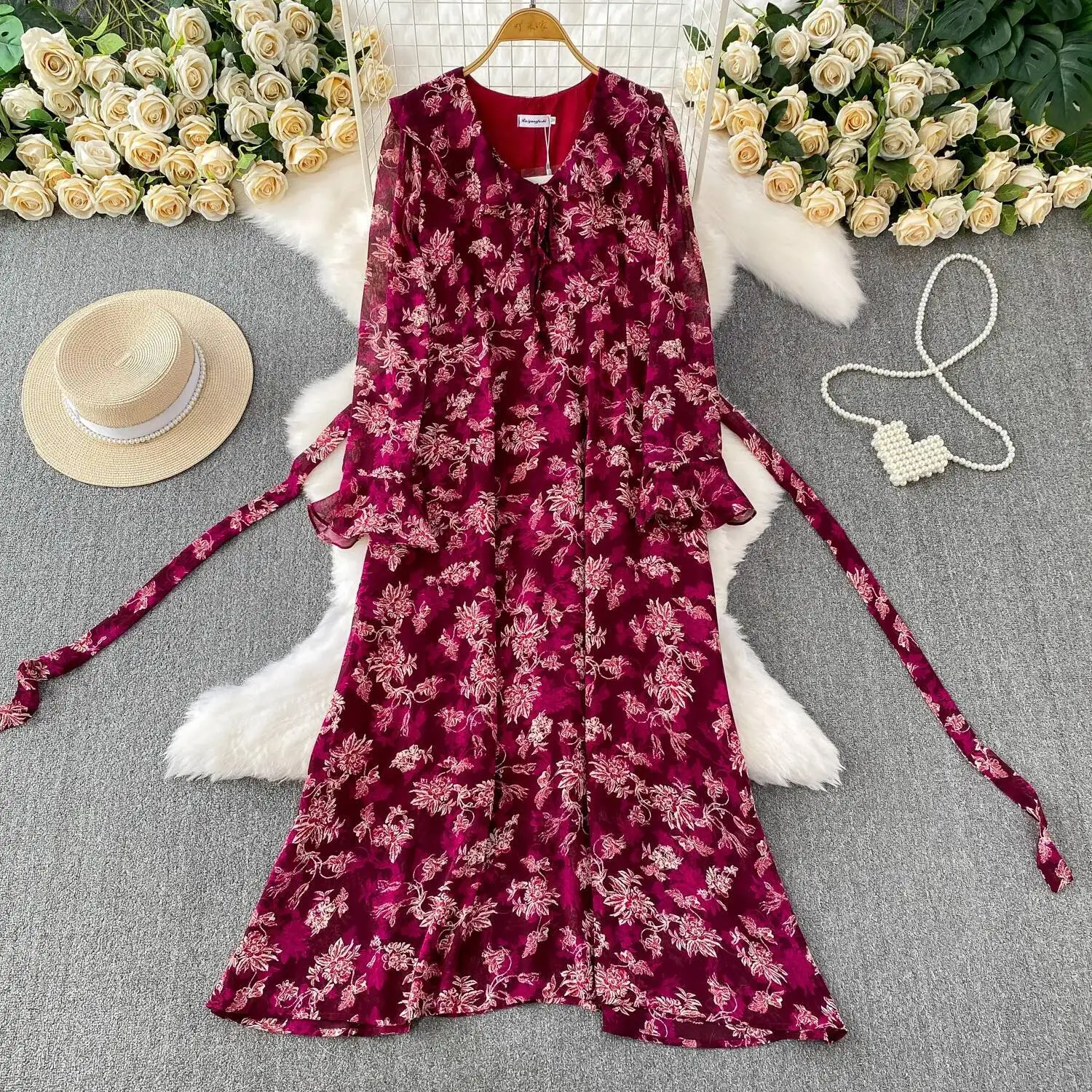 Abito floreale da donna con foglia di loto Primavera Autunno Abiti sexy con scollo a V a maniche lunghe con stampa Abiti lunghi casual in chiffon da donna