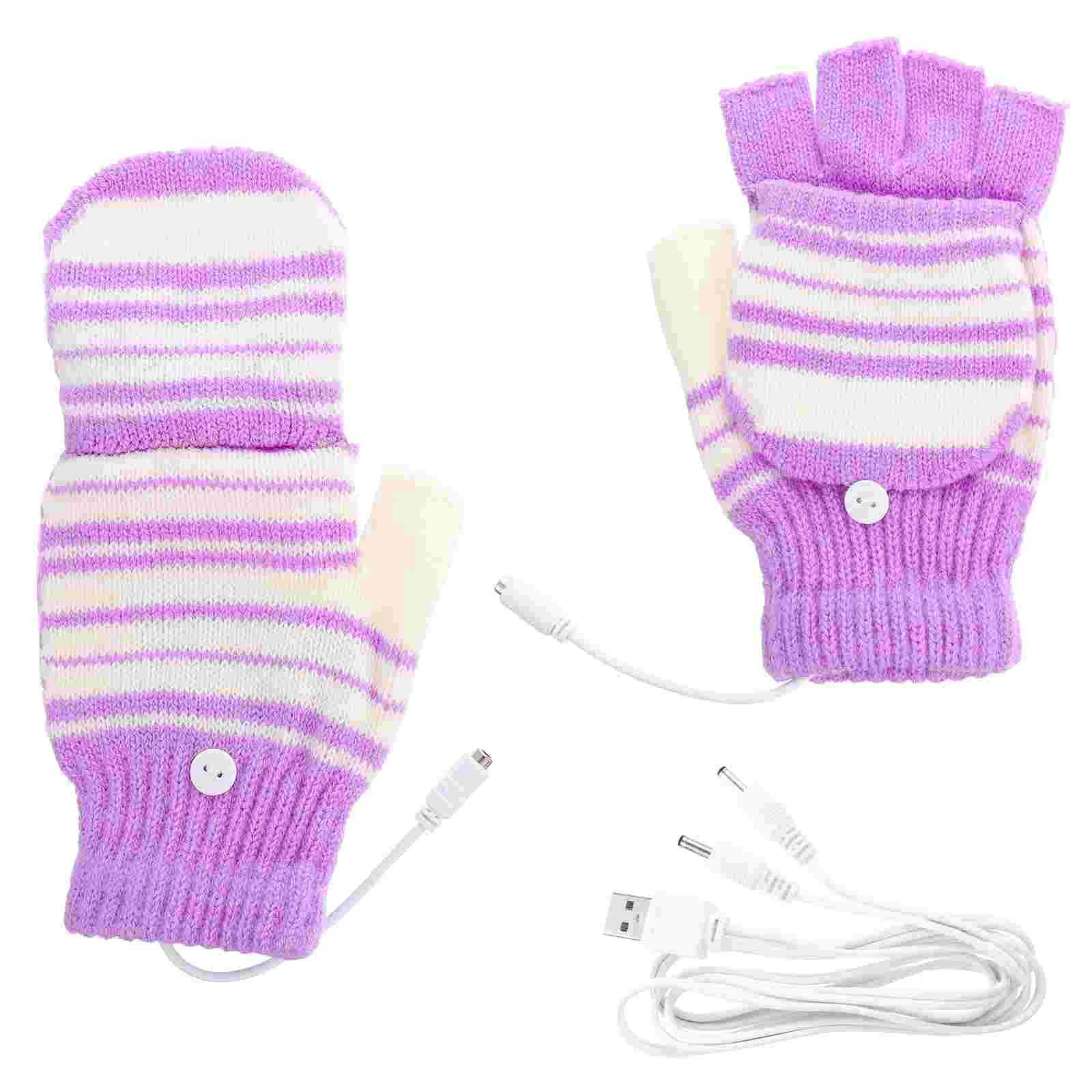 

USB Heated Gloves Winter Full Finger Heating Yarn Women Mitten Laptop Woolen Purple Striped