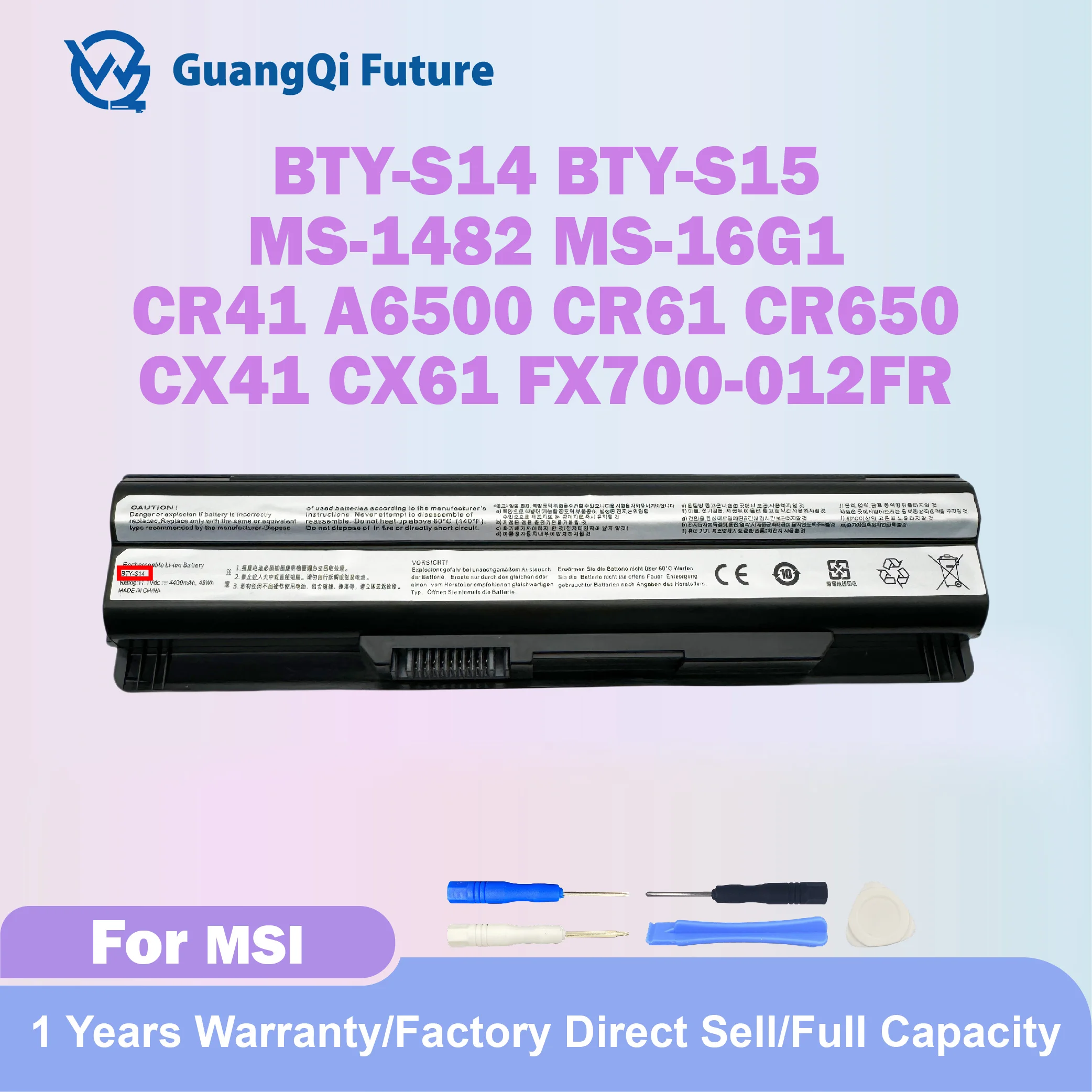 

GuangQi BTY-S14 4400 мАч 49 Втч BTY-S15 для ноутбука MSI, аккумулятор MS-1482 MS-16G1 MSI GP60 GE60 CX41 CX61 GE620DX FX400 GE60 GE70 CR41