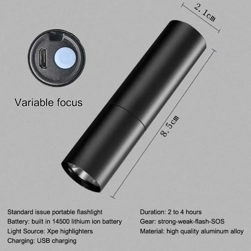 Portable Zoomable LED Strong Light 4 Modes Flashlight Aluminum Alloy USB Charging Built-in 14500 Lithium Battery