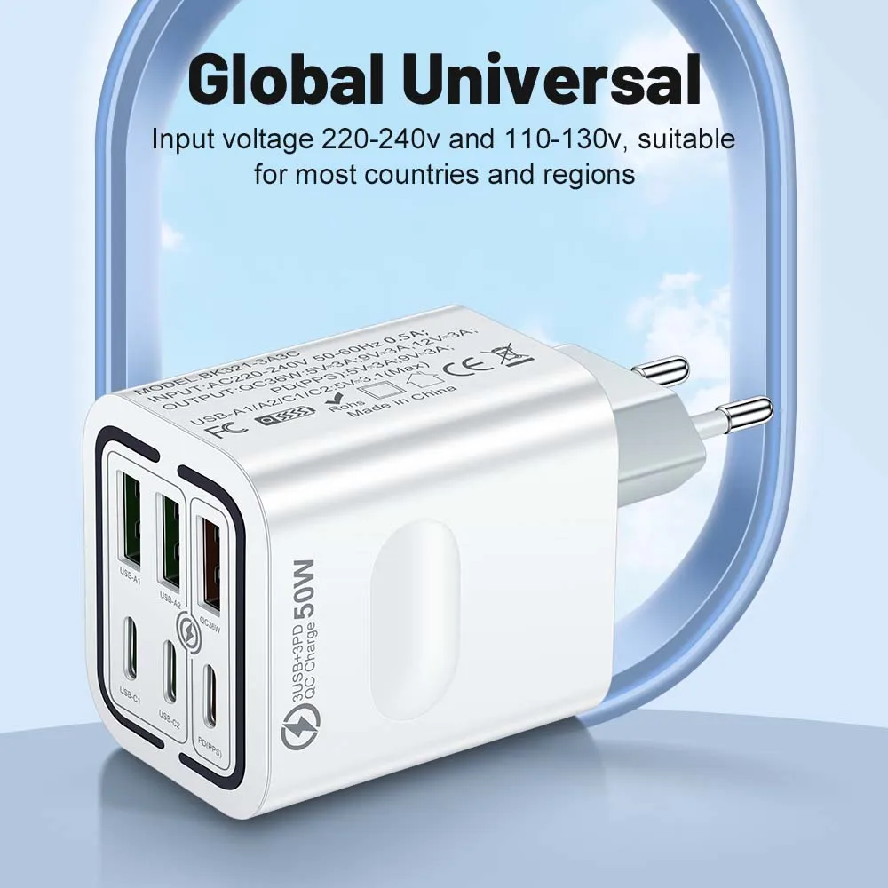 Insgesamt 100 W 6 Ports Schnellladung EU/US/UK Stecker Wandladegerät für iPhone Samsung Xiaomi Huawei USB Handy Ladegerät Adapter – Detail 6