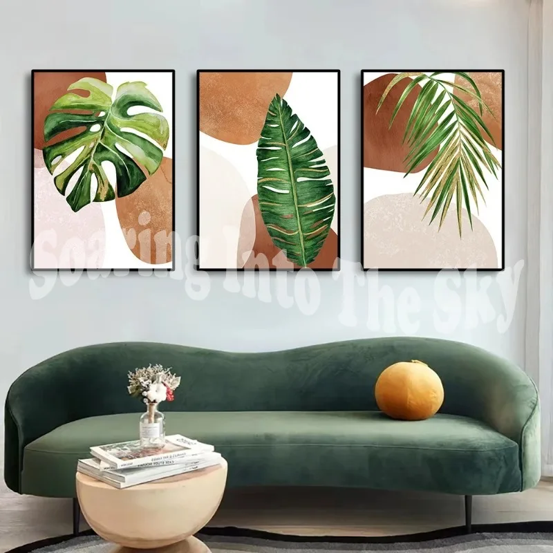 3pcs Abstract Green Gold Monstera Leaves Canvas Painting Wall Art Plants Posters Art Prints Pictures for Living Room Home Decor