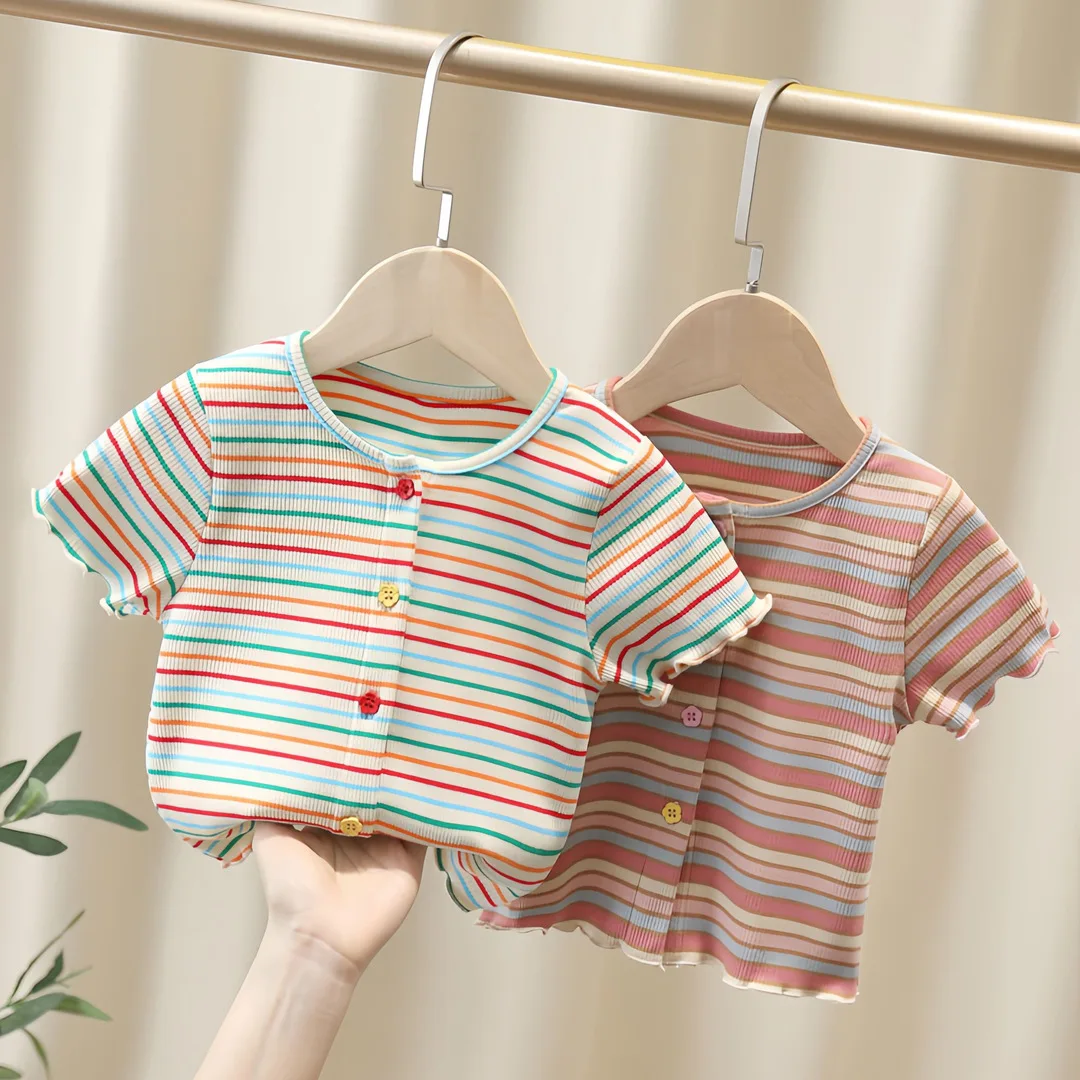 

Girls T-shirts 2025 Candy Color Tops for Kids Summer Stripes Children Tees Fashion Comfortable Toddler Outfits Baby Clothing