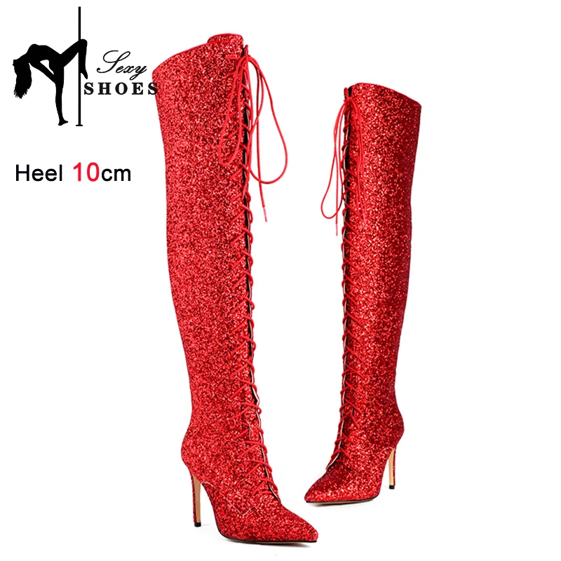 Autumn Winter Shoes For Women Club Over The Knee Long Boots Side Zip Lace-up High Heels Plus Size 46 Party Ladies Pointed Boots