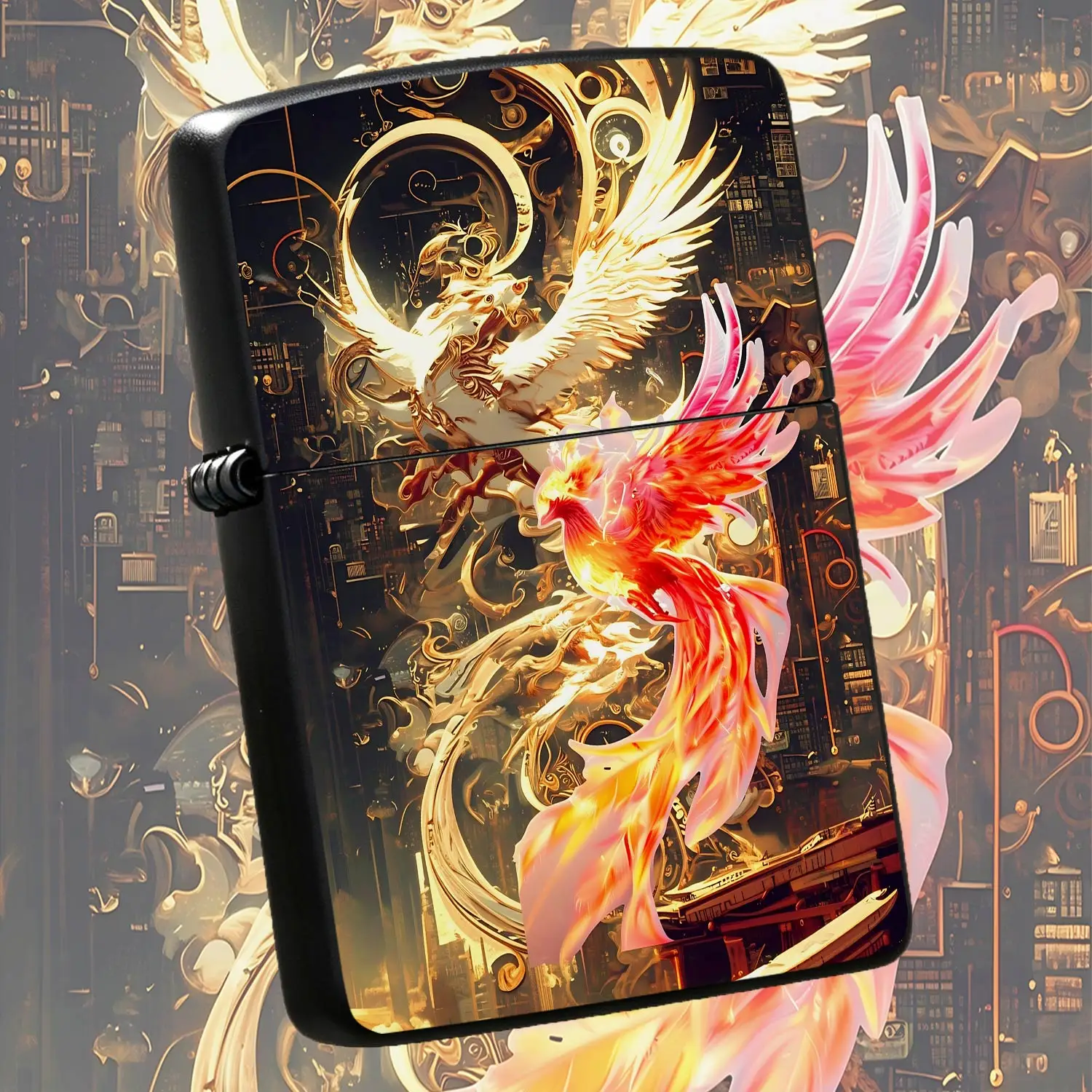 Stylish Lighter With Vintage Fantasy Goldenand Fiery Phoenix Art Print, Exquisite Steampunk City Background Pattern, Portable Decorative Lighter For Camping Travel Daily Gathering, Ideal Unique Artistic Gift For Friends A Humorous And Inter