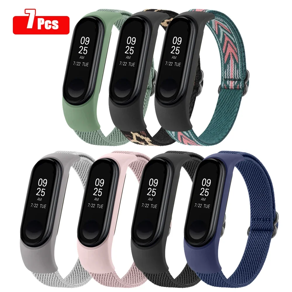 

7Pcs/lot Strap For Xiaomi Mi Band 3 4 5 6 Band Elastic Nylon Watchband Adjustable Bracelet For Xiaomi Mi Band 6 5 4 3 Wristband