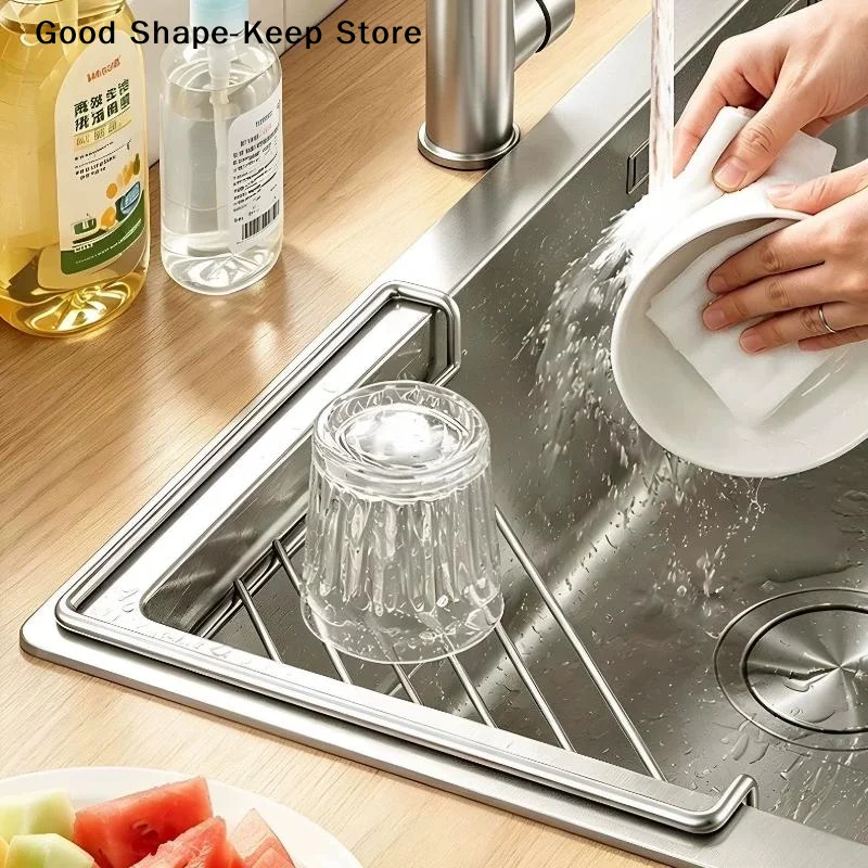 dailyStainless Steel Compact Sink Caddy Triangle Corner Storage Rack Holds Sponge Dish Cloth Small Kitchen Counter Organizer