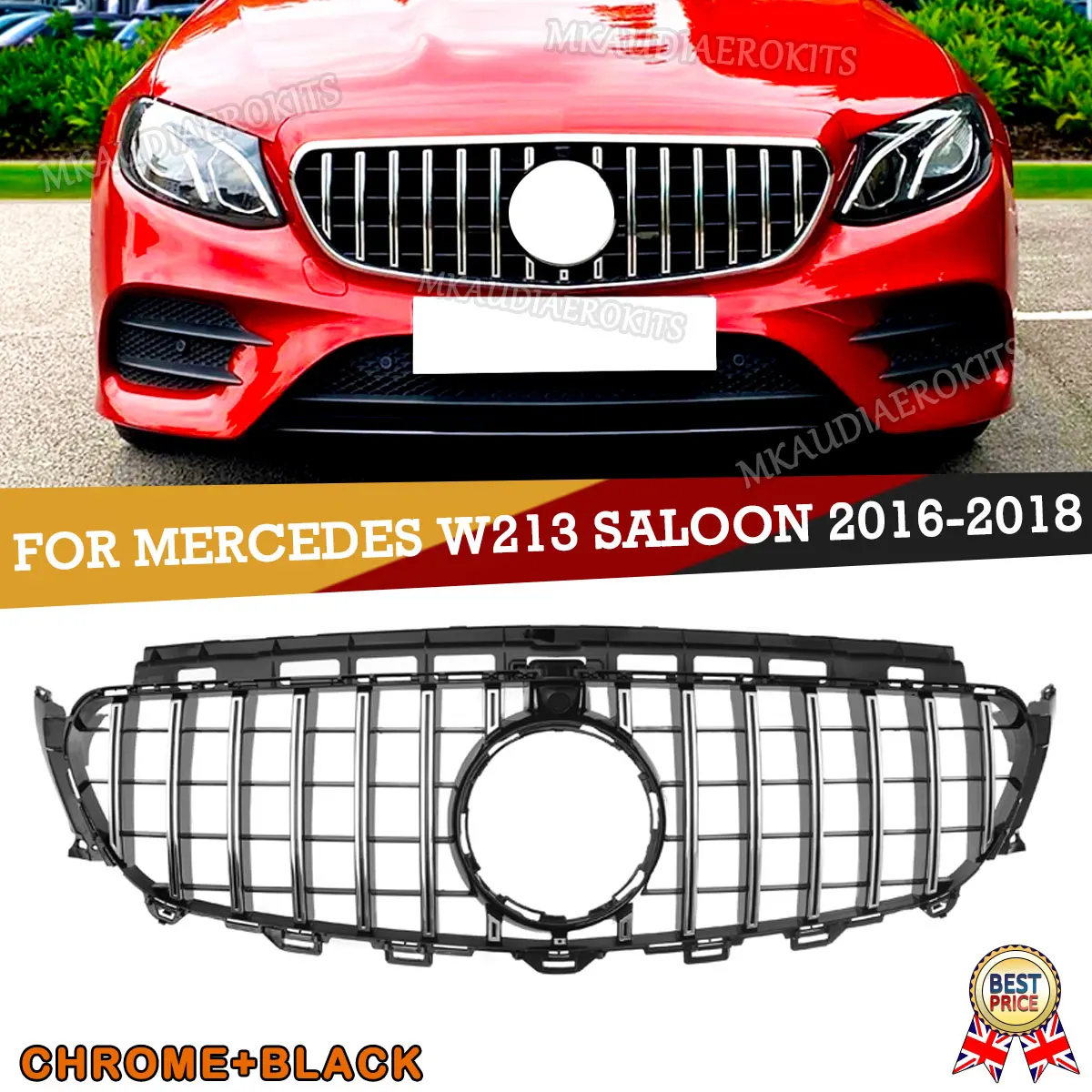 MAGICKIT GTR Style Front Grill Grille For Mercedes Benz W213 E200 E300 E400 E43 AMG 2016-2018 Chrome+Black Car Accessories Tools