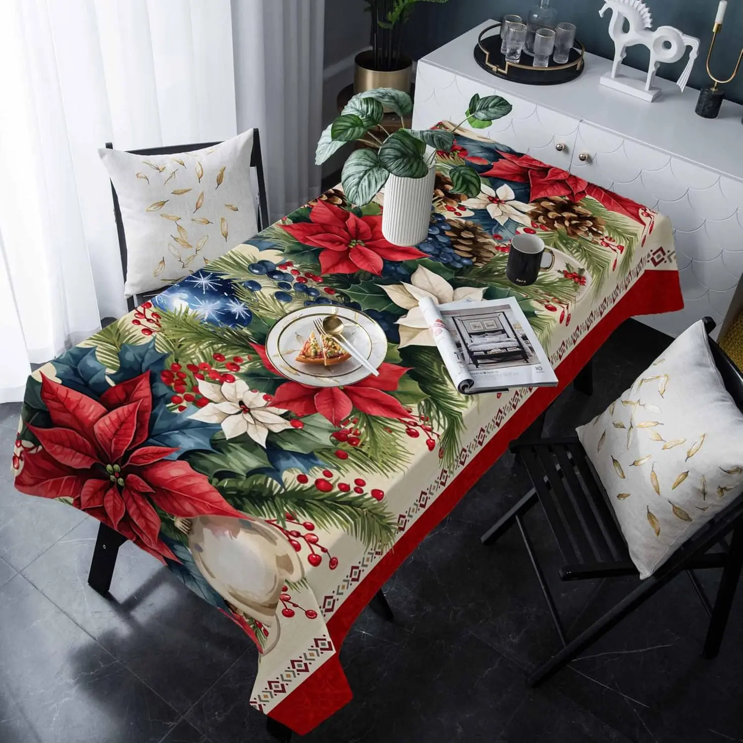 Christmas Poinsettia Pine Needle Tablecloth for Table Decor Reusable Winter Kitchen Dining Tablecloth Christmas Decorations