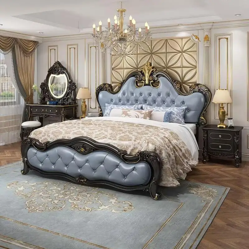 New Design French Luxury Bedroom Bed Furniture European Royal Classic Carved Queen King Size Solid Wood Frame Leather Double Bed