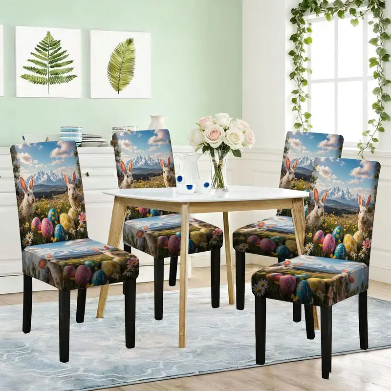 

Чехол для обеденного стула с плоским принтом и эластичной резинкой, с изображением двух белых кроликов, цветов, травы, яиц, снежных гор, голубого неба и леса.