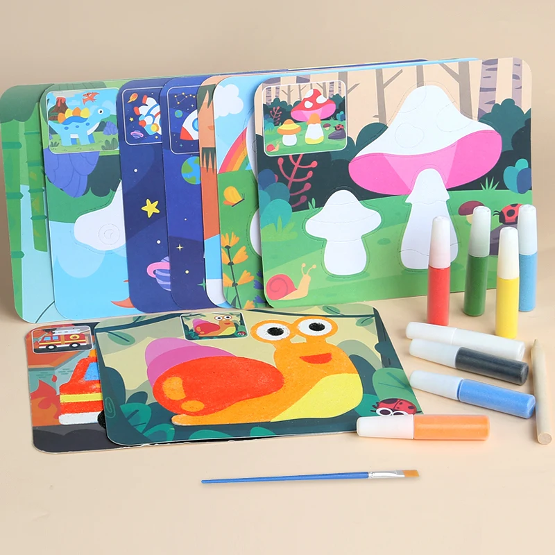 ทําด้วยมือ DIY สร้างสรรค์ภาพวาดทรายเด็กที่มีสีสันทราย Graffiti ของเล่นเพื่อการศึกษาวาดสีเกมไม้กล่อง
