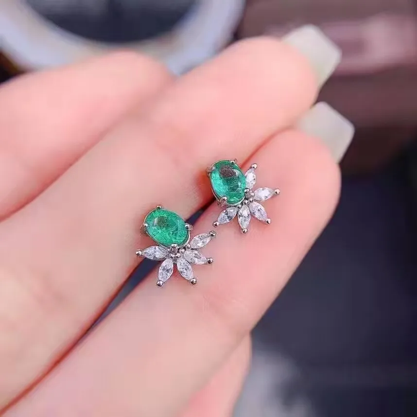 2022 NEW Trend Paraiba Oval Emerald Flowers Ice Cut Full Diamond Stud Earrings For Women Girl Green Valentine's Day Gift Jewelry