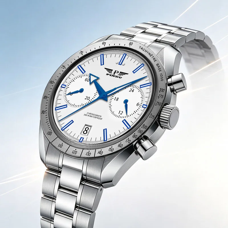 PINDU Luxury Quartz Watch Men VK64 Sweep Seconds Movement Sapphire All Steel Material Automatic Calendar Accurate Tra Wristwatch