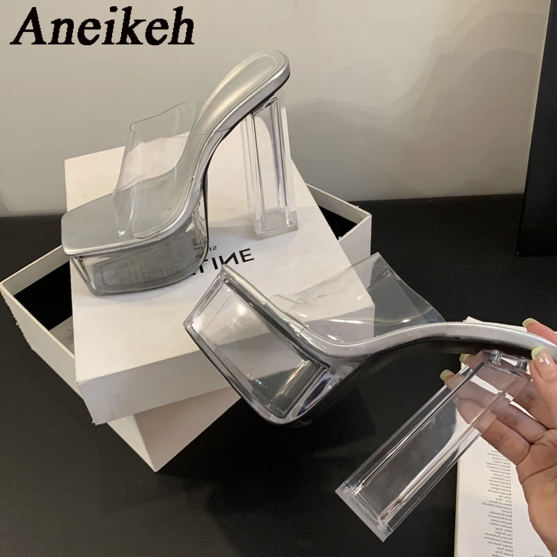 Aneikeh 2024 Summer Sandals Women\'s PVC Rome Slip-On Solid Fashion Heeled shoes Square Toe Transparent Thin Heels Party Black