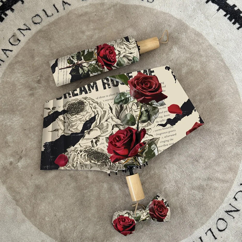 

Rose Pattern Automatic Umbrella Three Folding Reinforced Frame Folding Umbrella Lightweight Portable Sun Protection Umbrella