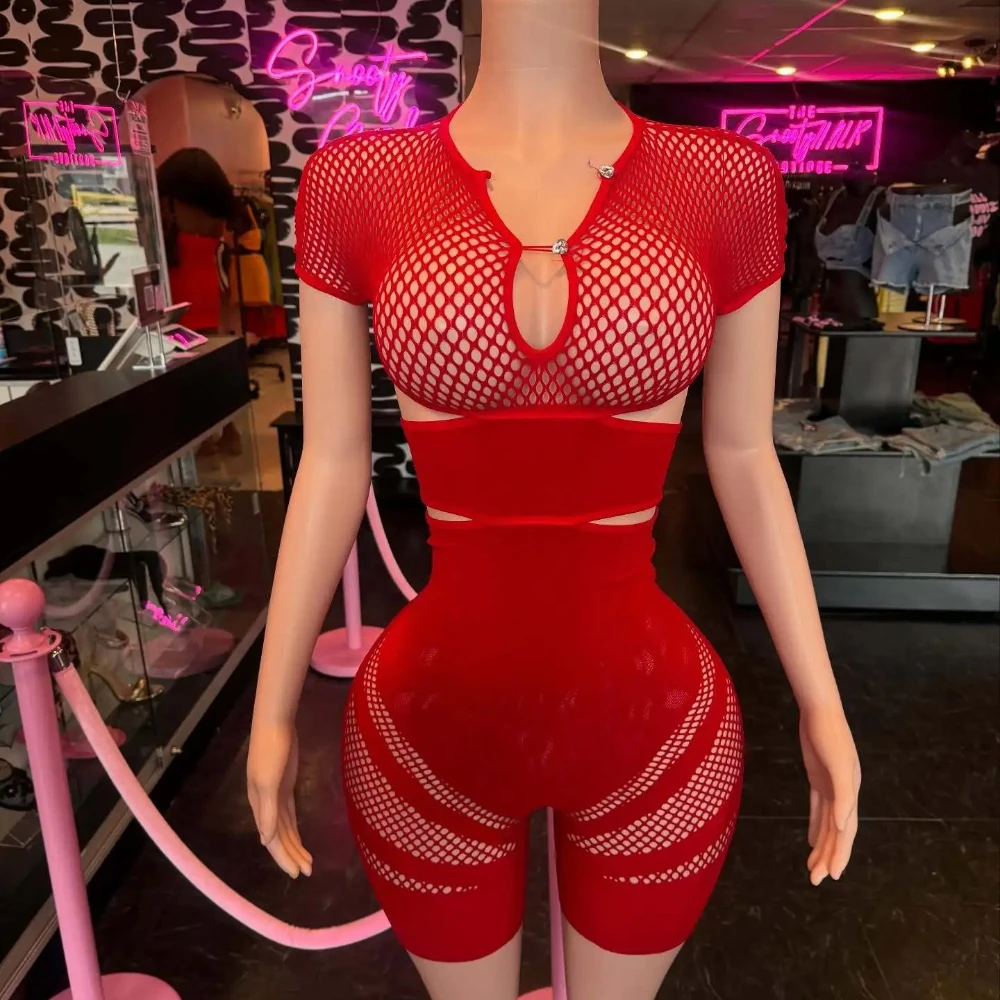 

Women Mesh Hollow Out Long Sleeve Playsuits Short Jumpsuits 2025 summer Sexy Party Club One Piece Outfit Rompers