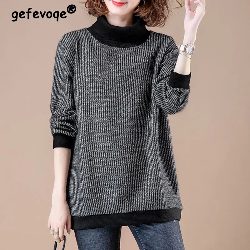 Autumn Winter New Women's Korean Simple Turtleneck Thick Street Sweatshrit Casual Loose Long Sleeve Pullover Top Female Clothing