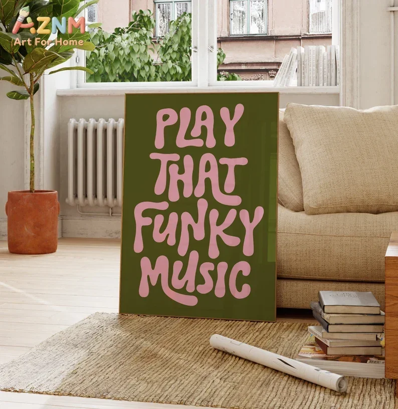 AZNM Play That Funky Music Wall Art Canvas Print Unframed Pink Green Typography Quote Poster For Living Room Bedroom Music Studi