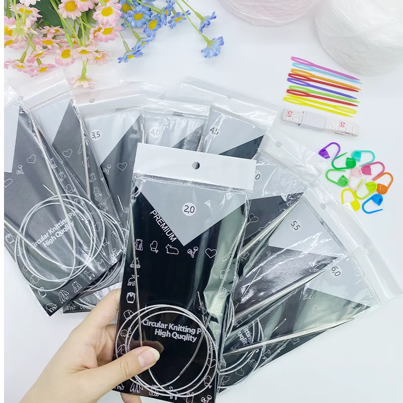 100Cm/39.37Inch Single Circular Knitting Needle, Available in Various Sizes from 2-8mm, Comes with 10 Extra Hooks, 2 Large Plastic Eye Needles, 1 Stainless Steel Hand Sewing Needle, 1 150Cm/59.06Inch Soft Ruler, Suitable for Knitting Sweaters, Scarves, and Hats