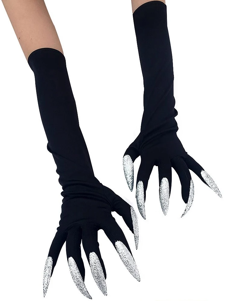 ReddaChic Glitter Nail Full Finger Gloves Women Arm Sleeves Elbow Long Claw Gloves Halloween Party Rave Cosplay Hand Accessories