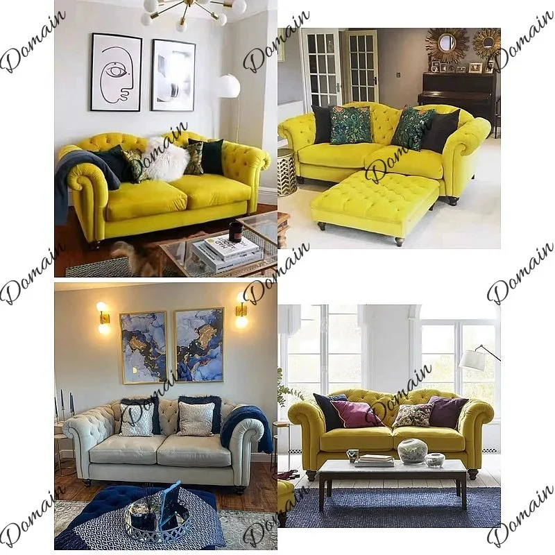 81 N French  Velvet Sofa Yellow Fabric Two-Seater Retro Button Tufted Chesterfield Couch