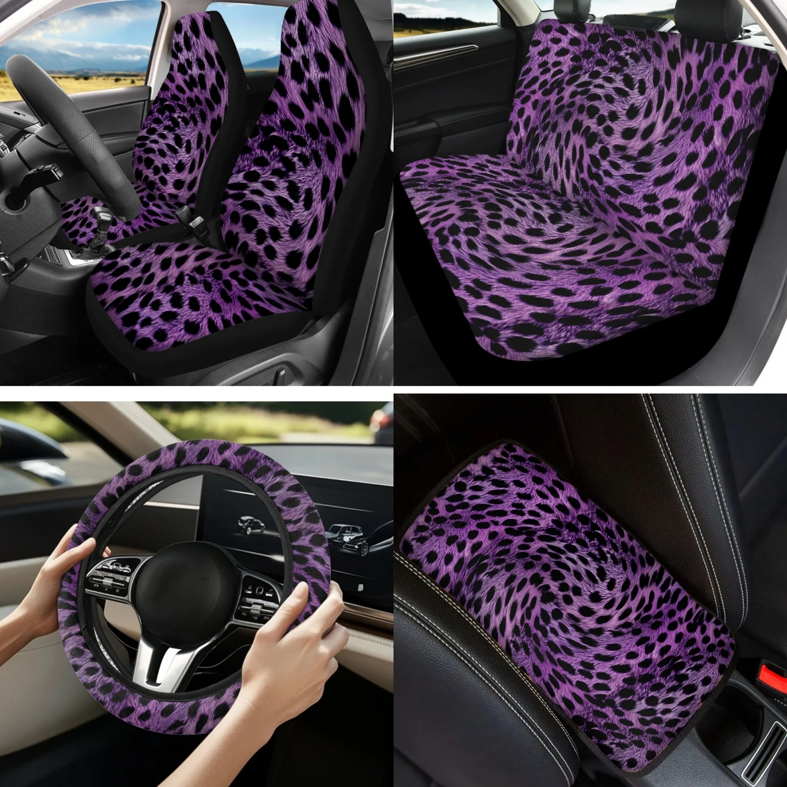 Coloranimal Leopard Set of 13 Front Back Seat Cover Set with Scratch-Resistant Lipstick Cover and Auto Armrest Covers for Cars