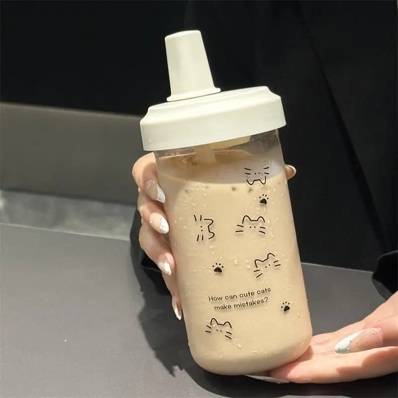 New Plastic Water Bottle For Girls With Straw Lid Bubble Milk Tea Plastic Cup Simple Outdoor School Straw Drinking Water Bottles