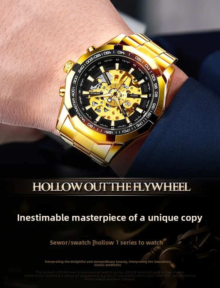 Stainless Steel New Gold Full Skeleton Spiral Crown Tourbillon Luminous Waterproof Self-Wind Automatic Watch for Men